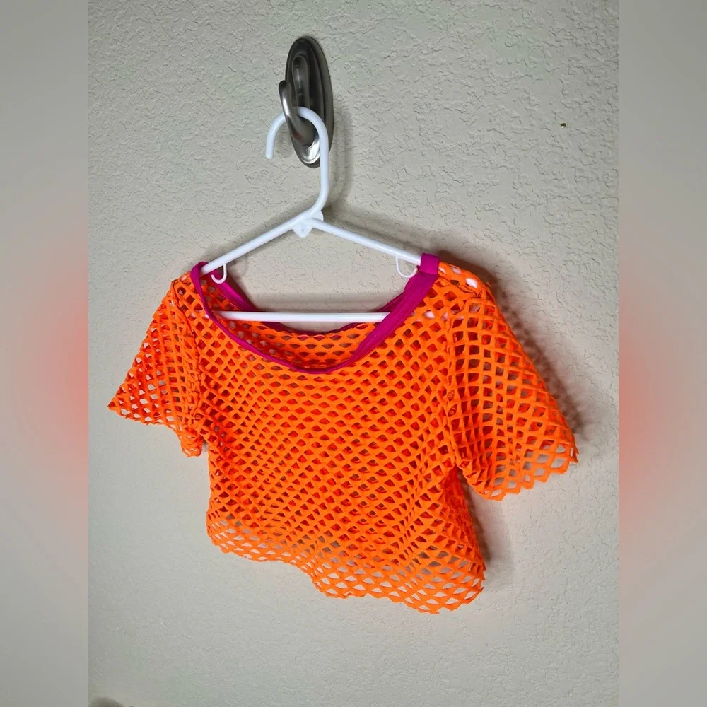 Girls Neon Orange Fishnet Dance Crop Top 80s Costume Mesh Cover Up Child M